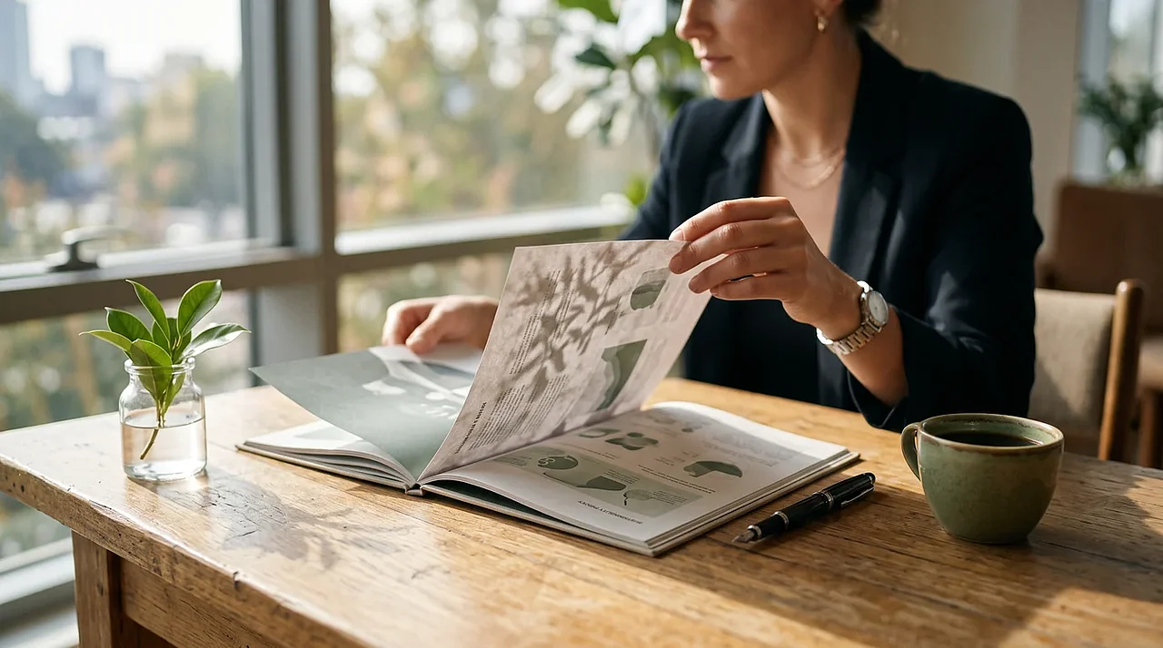 Hände blättern durch einen gedruckten ESG-Bericht mit Blattschatten auf dem Papier